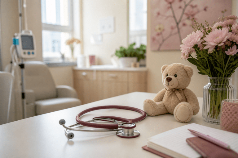 Ambiente médico acolhedor com estetoscópio e ursinho