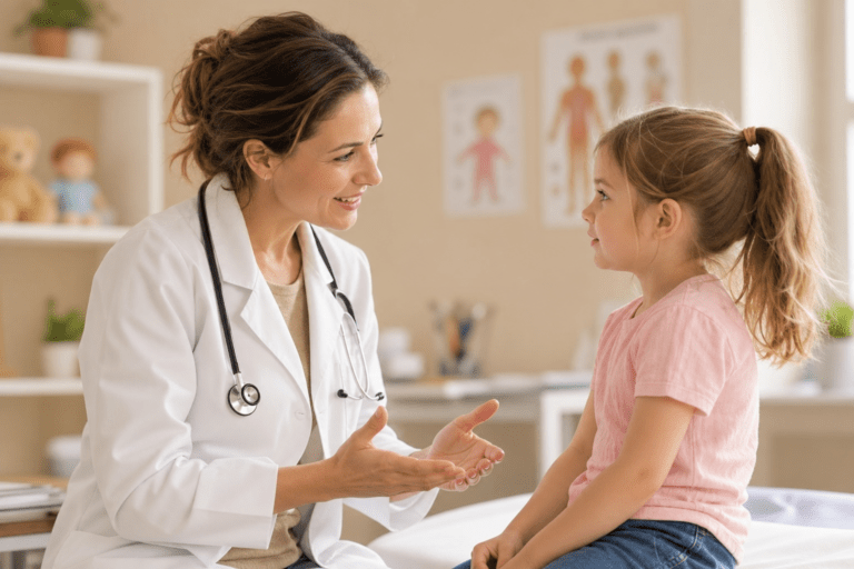 Médica conversando com criança sobre saúde