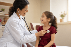 Médica pediatra examinando criança em consultório