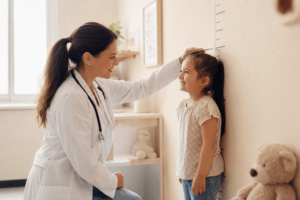 Pediatra medindo a altura de uma criança